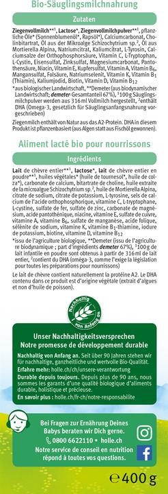 Nährwerte und Zutaten Holle Bio-Anfangsmilch (462 g, ab Geburt)