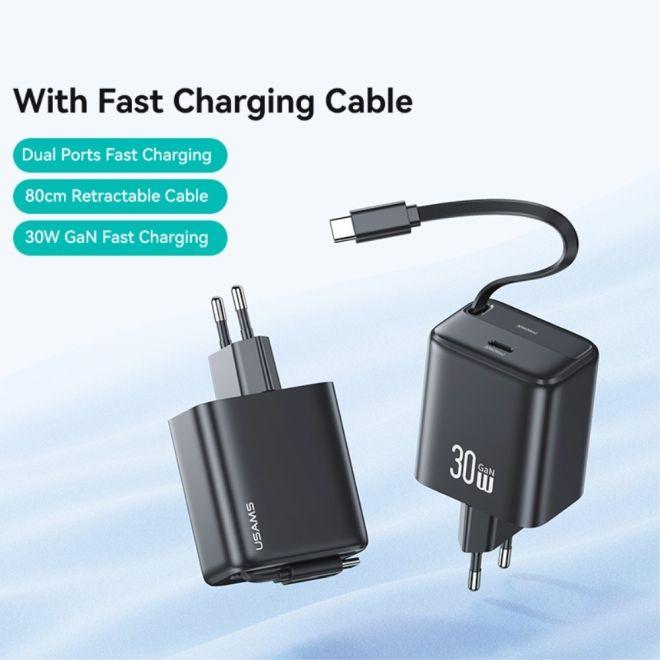Immagine prodotto Usams Ład. siec. 1xUSB-C ze zwijanym kablem USB-C Retractable PD+QC 30W Gan Fast Charging czarny/bla (30 W)
