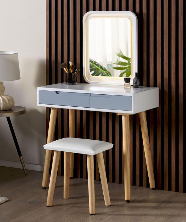 Actual product image Beliani Dressing Table with 2 Drawers, LED Mirror and Stool White/Grey DIEPPE (80 x 40 x 134 cm)