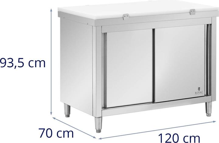 Produktbild Royal Catering Arbeitsschrank Edelstahl 120 x 70 cm 500 kg mit Schneidplatte Edelstahlschrank (70 cm, 93.50 cm)