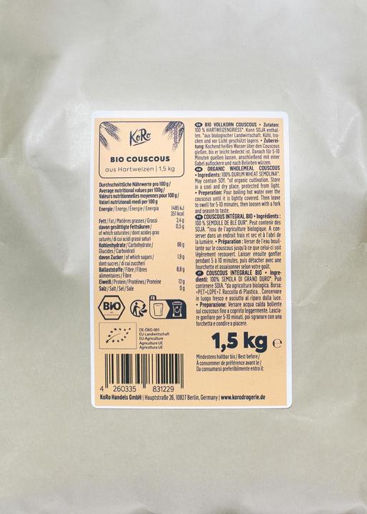 Nährwerte und Zutaten KoRo Bio Vollkorn Couscous (1500 g)