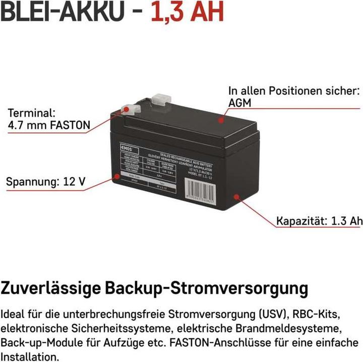 Actual product image Emos Wartungsfreier Blei-Akku 12 V/1,3 (1 pcs., Device specific, 1300 mAh)