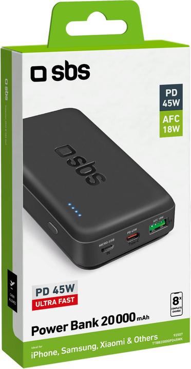 Produktbild SBS Powerbank 20.000 mAh Power Delivery 45W Multi-Port schwarz (20000 mAh, 45 W)