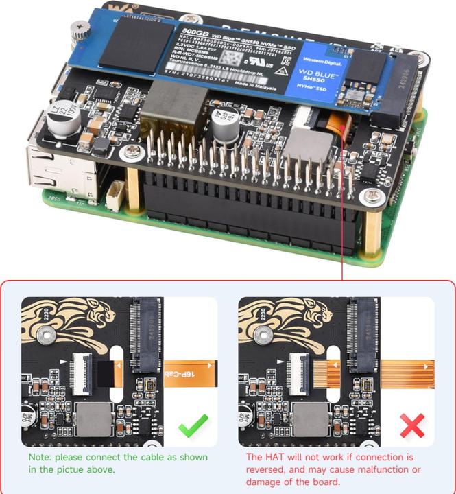 Produktbild WaveShare PCIe auf M.2 SSD HAT+ (B) mit PoE für Raspberry Pi 5