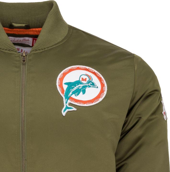 Produktbild Mitchell & Ness M&N Satin Bomber Jacke - PATCHES Miami Dolphins oliv - M (M)