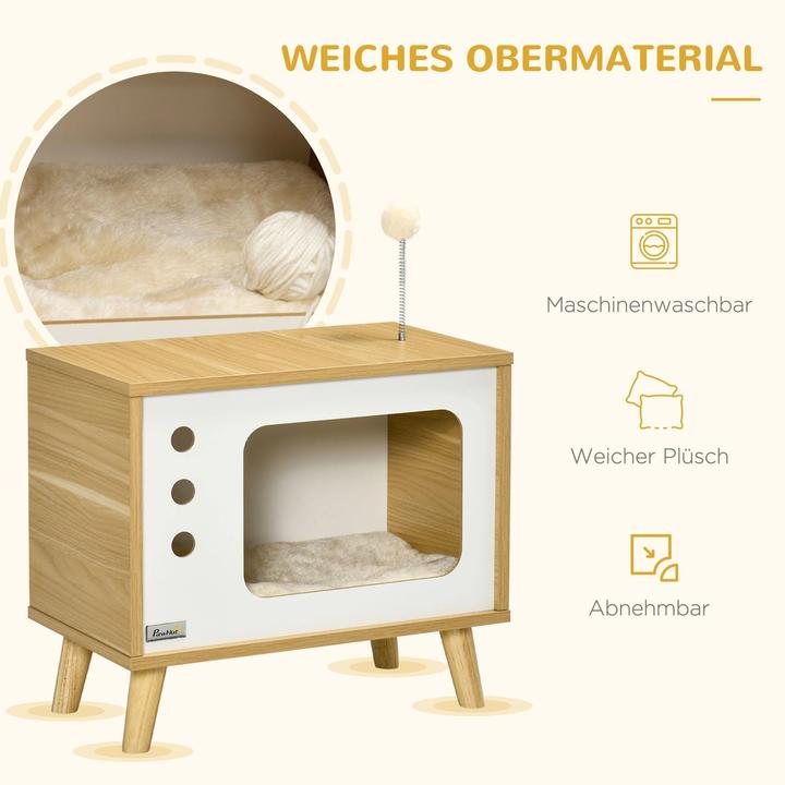 Produktbild PawHut Katzenhöhle im TV-Design inkl. Spielzeug und Kissen, Eiche, 50x28x43cm (Katze)