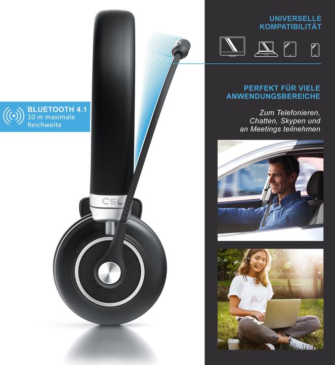 Produktbild CSL Wireless Headset, Bluetooth Kopfhörer mit flexiblem hochklappbarem Mikrofon, kabellos, leicht (Kabellos, USB-A)