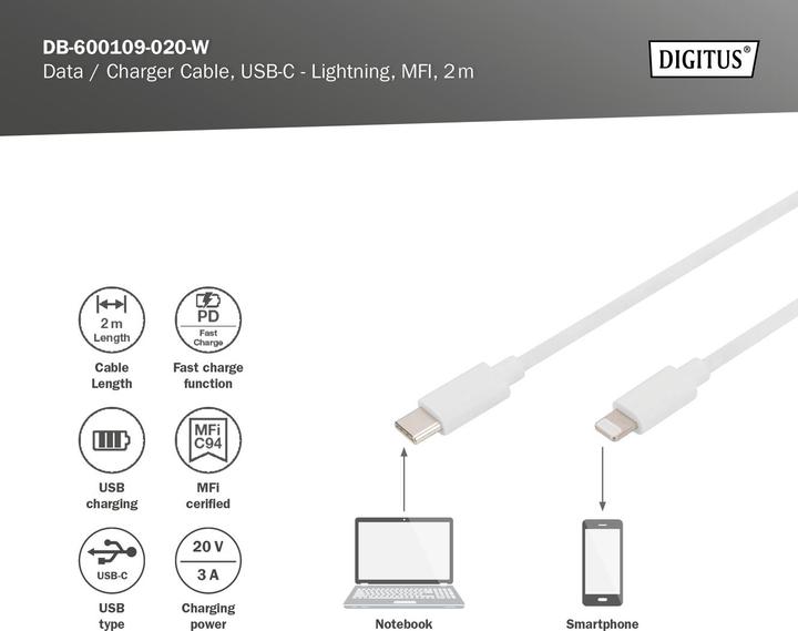 Actual product image Digitus USB type C - Lightning (2 m, USB 2.0)