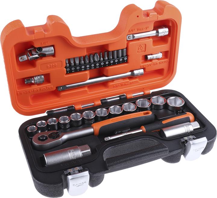Image du produit Bahco 1/4"- und 3/8"-Steckschlüssel-Satz, metrisch, Sechskant, inklusive Umschaltknarre - 34-teilig (3/8")