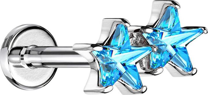 Image du produit Star Piercing Micro Labret femelle argenté double étoile de cristal aqua (Acier chirurgical 316L, Laiton)