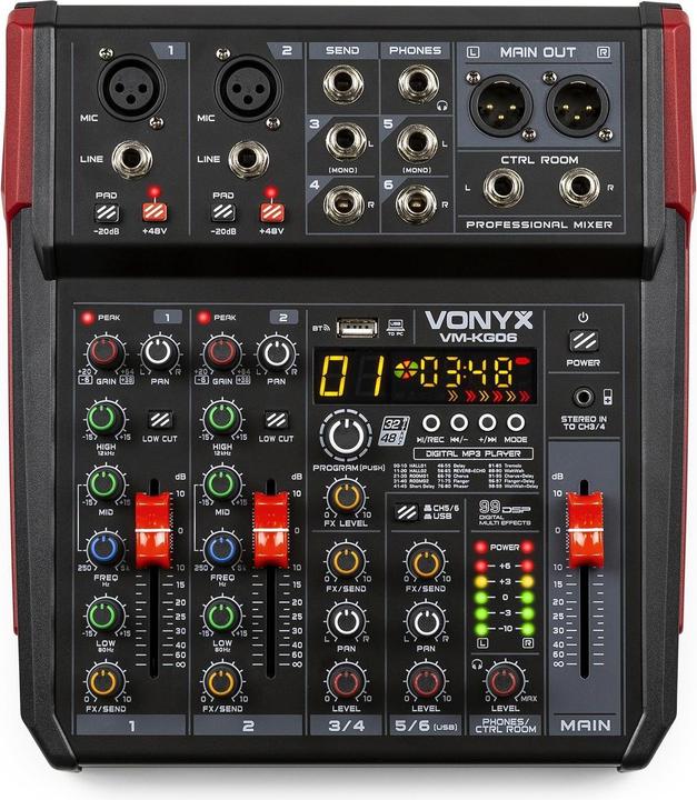 Image du produit Vonyx VM-KG06 - 6-kanaals mengpaneel Bluetooth, DSP, mp3 speler en USB audio interface (Studio et mixeur live)