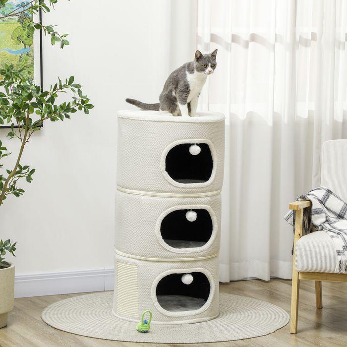 Actual product image Swisshandel24 Kratztonne, 100 cm hoch Katzentonne mit 3 Höhle, Kratzbaum für Katze bis 6 kg (100 cm, Coffee brown+cream white)