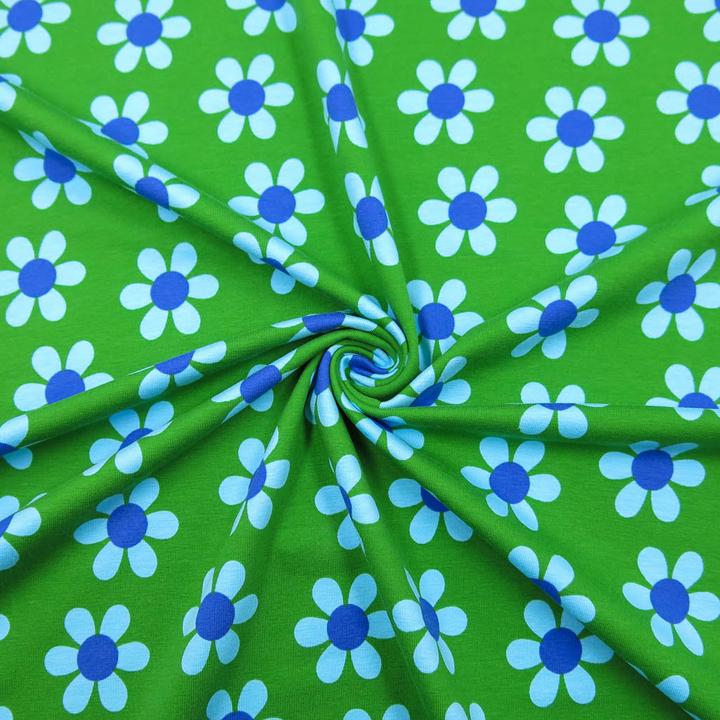 Produktbild Stoffrestposten Baumwolljersey - Retro Blumen Grün - Mindestverkaufsmenge: 1 Meter