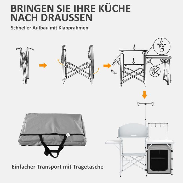 Immagine prodotto Swisshandel24 Cucina da campeggio, pieghevole, 3 piani di lavoro, frangivento, armadio in tessuto, 144x48x119cm