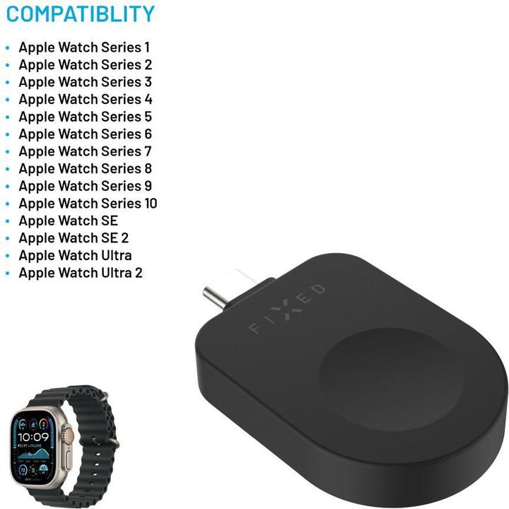 Image du produit Fixed Adaptateur de charge USB-C pour Apple Watch compatible avec Powerstation Uni, noir