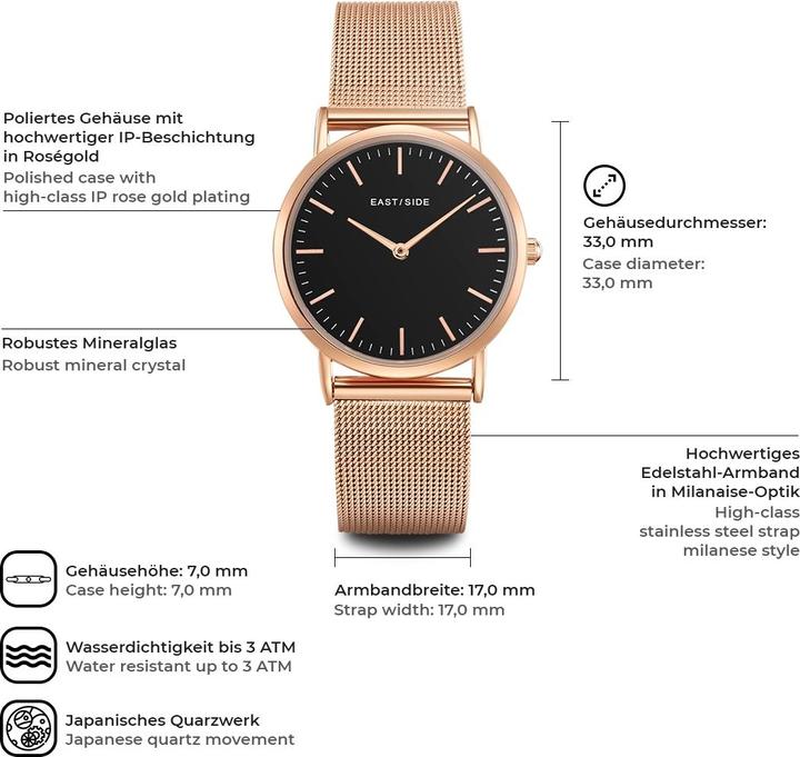 Produktbild Eastside Damen Quarzuhr Cassina Edelstahl roségold - 9742 (Analoguhr, 33 mm)