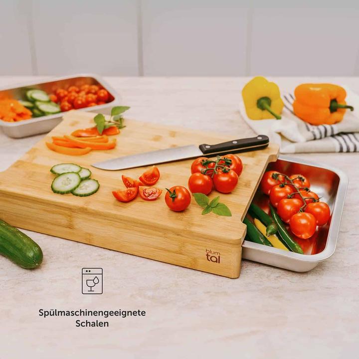 Produktbild Mara Vital Schneidebrett aus Bambus mit 3 Edelstahl-Auffangschalen und Antirutschfüssen – 40 × 28,5 cm