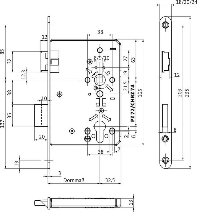Immagine prodotto BKS Serratura da infilare per autorità 0615 PZW 20/55/72/8 mm DIN destra acciaio inox arrotondato (Serratura a mortasa)