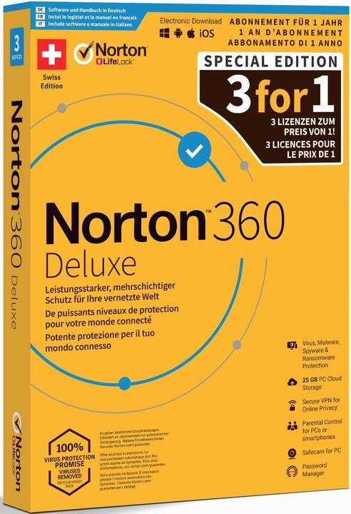 Immagine prodotto Norton 360 Deluxe - Box promozionale, 3 dispositivi, 1 anno (3 Utente, 12 mesi)
