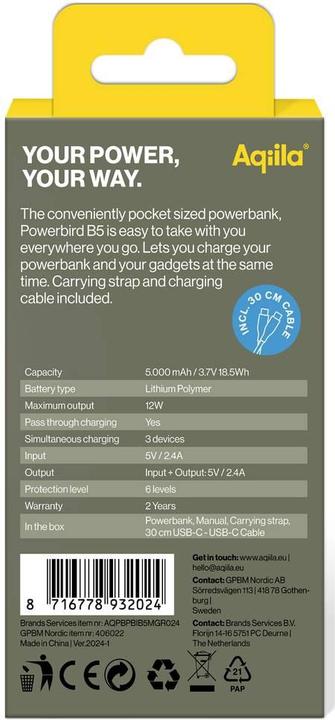 Produktbild Aqiila Powerbird B5B - Powerbank 5000 mAh, 12W - Moss (5000 mAh, 12 W, 18.50 Wh)
