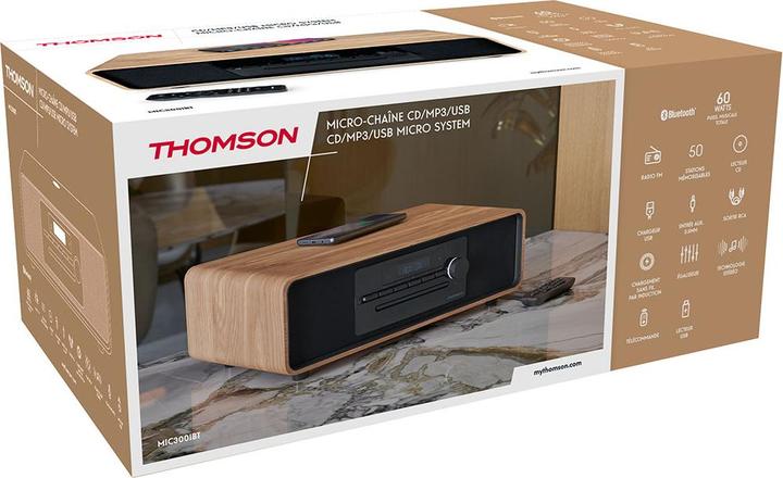 Immagine prodotto Thomson MIC300IBT bw/legno Micro sistema 60W, FM, Bluetooth, CD, USB, ricarica a induzione (Bluetooth, Lettore CD, 2x 30 W)