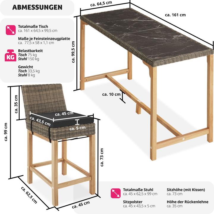 Immagine prodotto tectake Tavolo in rattan Lovas con 6 sedie Latina (161 cm)