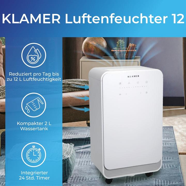 Image du produit KLAMER Déshumidificateur 12L (30 m², 12 l/24h)