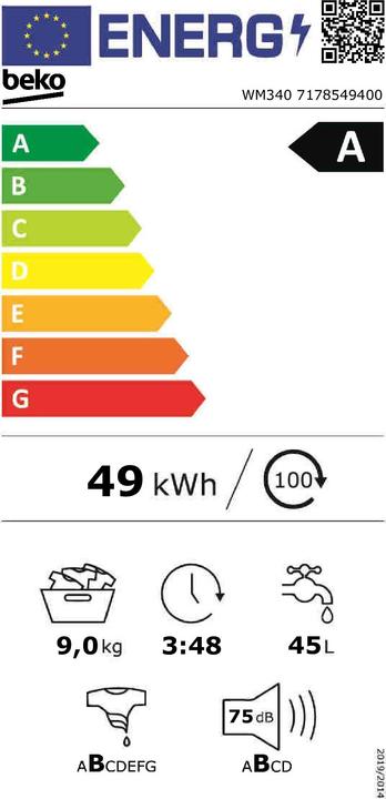 Label énergétique Beko WM340 (9 kg, Gauche)