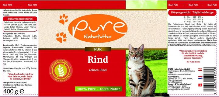 Nährwerte und Zutaten Pure Naturfutter Katzenmenü PUR-Fleischdose Rind (Adult, 1 Stk., 400 g)