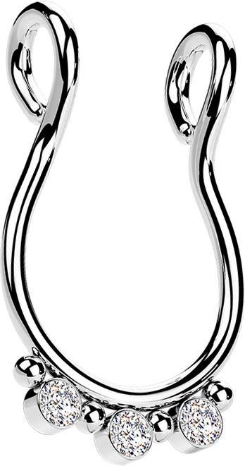 Star Piercing Fake Septum silber vier Kugeln drei Kristalle silber (Chirurgenstahl 316L mit Kristall)