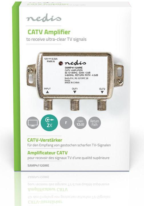 Image du produit Nedis SAMP41120ME Amplificateur CATV Gain : 12 dB 85-1218 MHz Nombre de sorties : 2 voie de retour Silb (Bloc d'alimentation)