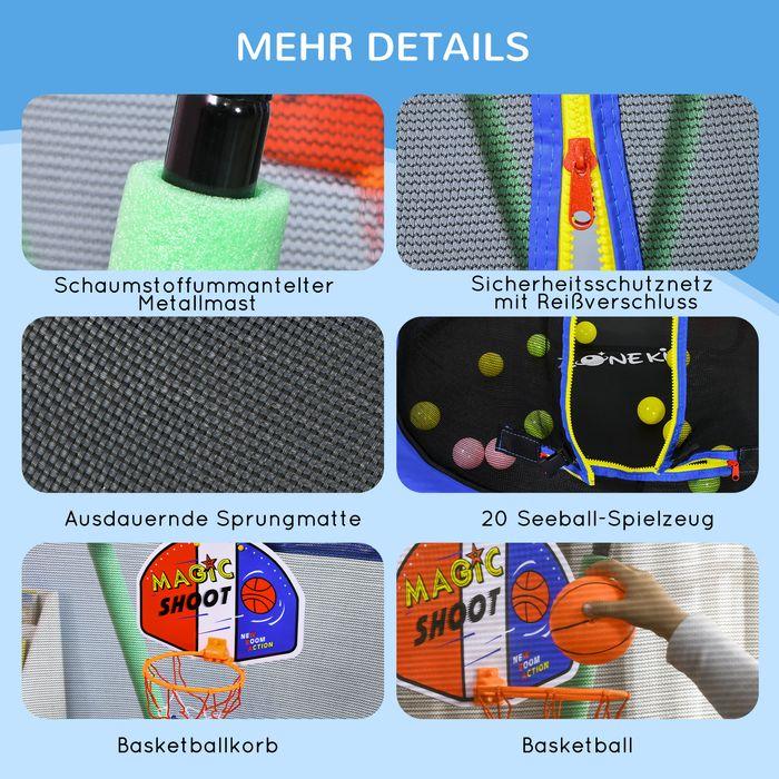 Produktbild Swisshandel24 Trampolin Kindertrampolin Sicherheitsnetz Ø140cm Basketballkorb Basketball 20 Bälle 3-10 Jahre Blau (140 cm)