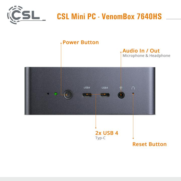 Image du produit CSL Mini-PC VenomBox 7640HS / 32Go / 500 Go M.2 SSD / Windows 11 Pro (AMD Ryzen 5 7640HS, 32.77 Go, 500 Go)