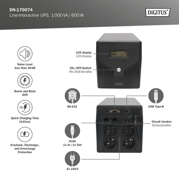 Produktbild Digitus Line Interactive USV 1000VA/600W schwarz mit LCD 4xSchuko RJ11/RJ45 1xRS232 1xUSB AVR H160xB350xT... (1000 VA, 600 W, Line-Interaktiv USV)