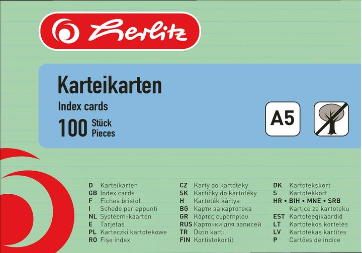 Nährwerte und Zutaten Herlitz Karteikarten, DIN A5, liniert, grün aus Papier, 170 g-qm, holzfrei, Linienfarbe: blau, doppelte (A5, 170 g/m², 100 x)