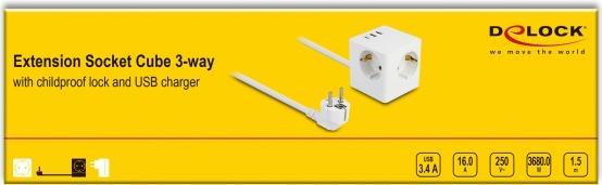Produktbild Delock Steckdosenwürfel mit Verlängerungskabel 3-fach mit Kindersicherung und USB Ladegerät 1,5m Kab (3 x, CEE 7/3, 1.50 m)