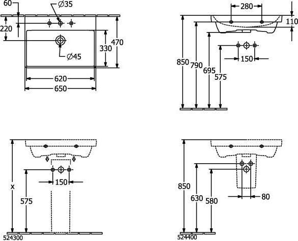 Produktbild Villeroy & Boch Waschtisch Avento 65 x 47 cm wei 41586501 (470 mm, 650 mm)
