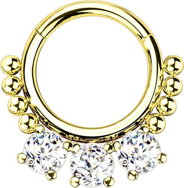 Immagine prodotto Star Piercing Anello a micro segmenti incernierato con perline placcate oro e tre cristalli (Acciaio chirurgico 316L, senza ottone)
