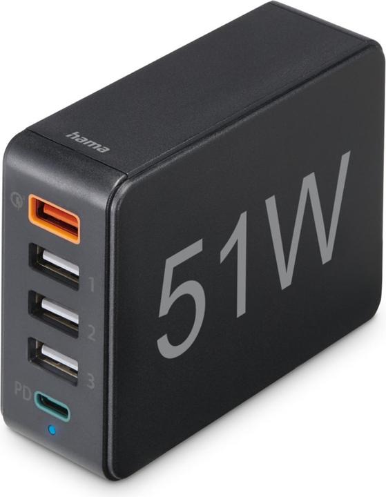 Productafbeelding Hama Snellader 5 poorten, 1x QC 3.0, 3x USB-A, 1x USB-C PD, 51 W, Zwart (51 W)