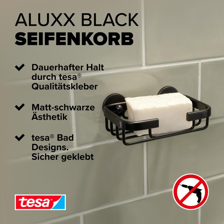Produktbild tesa ALUXX BLACK Seifenkorb inkl. Klebelösung ohne Bohren (6.5 x 10 x 25.5 cm)