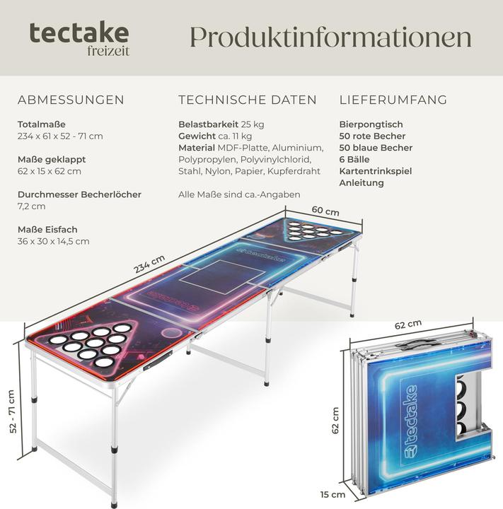 Immagine prodotto tectake Tavolo da beer pong BeerWars II, con vano per il ghiaccio e illuminazione a LED