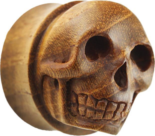 Produktbild Star Piercing Flared Plug mit handgeschnitztem Schädel aus Teakholz (ohne Messing, Organisch)