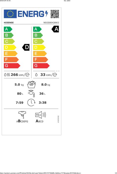 Energie-Label Hisense WD3S8043BW3 Freistehender Waschtrockner 8Kg