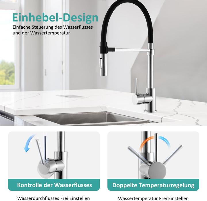 Image du produit Emke Robinet de cuisine avec Tuyau en silicone de 60cm, 2 Types de Jets, rotatif à 360°, Chromé
