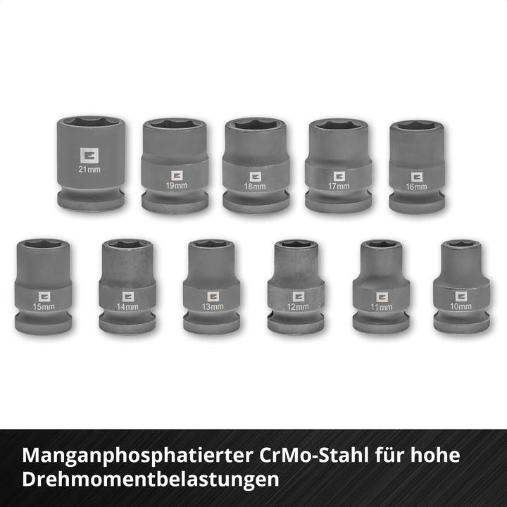 Produktbild Einhell Impact Stecknuss-Set, 109283, 12-teilig (18 mm, 15 mm, 11 mm, 21 mm, 16 mm, 12 mm, 14 mm, 17 mm, 13 mm, 19 mm, 10 mm)