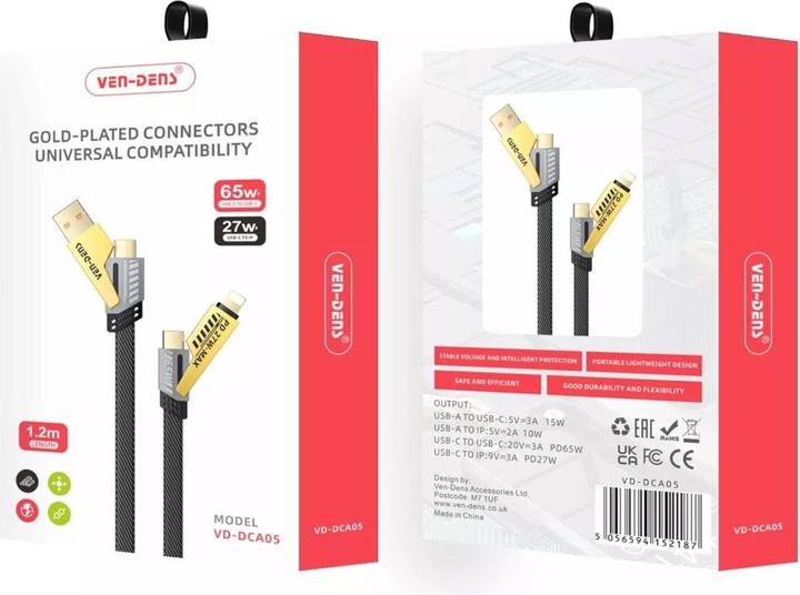 Actual product image Ven-Dens 4-in-1 Flexible & Flip USB-C, Lightning, USB-A 65W, 27W PD cable 1.2m (USB 3.2 Gen 1)