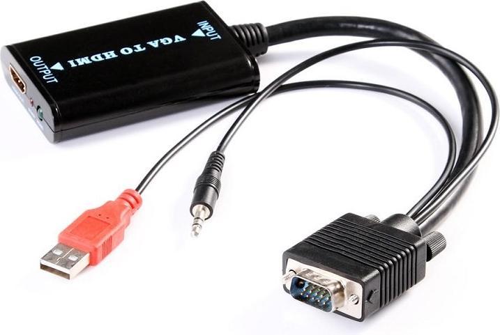Actual product image JTI VGA to HDMI converter with USB and 3.5 mm cables