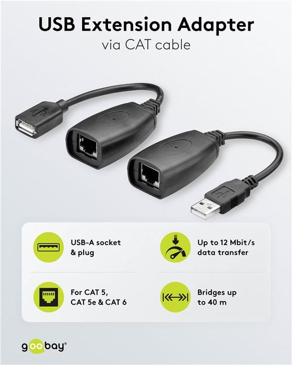 Image du produit Goobay USB Extension Ethernet 40,0m- Câble Convertisseur USB > RJ45 Extender de ligne (CAT5) (0.20 m, USB 1.1)