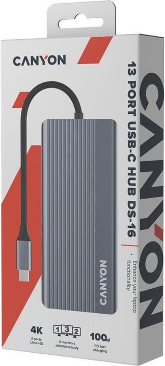 Produktbild Canyon USB-13-in1 HUB USB-C > 2xHDMI/1xDP/4xUSB/RJ45/SD/Aud. retail (USB-C, 4 Ports)