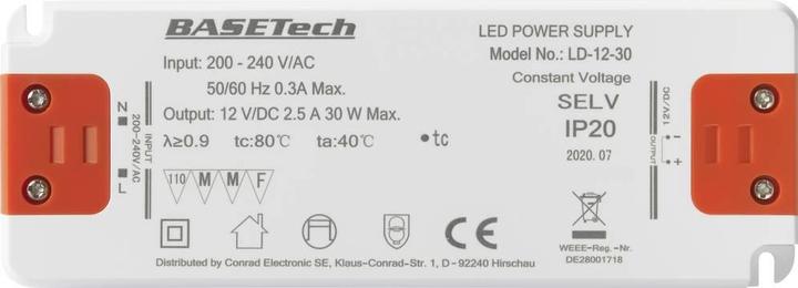Image du produit Basetech LD-12-30 Transformateur LED à tension constante 30 W 2.5 A Homologation pour meuble, surtension